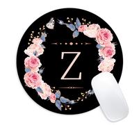 Tapis de souris rond avec motif de fleurs noires et roses, motif lettre Z, petit format, amusant, avec base en caoutchouc antid rapante, accessoi