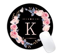 Tapis de souris rond avec motif lettre K, fleurs noires et roses, petit tapis de souris amusant avec base en caoutchouc antidérapant, tapis de souris, accessoires de décoration de bureau, tapis de