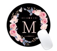Tapis de souris rond avec motif lettre M, fleurs noires et roses, petit tapis de souris amusant avec base en caoutchouc antidérapant, tapis de souris, décoration de bureau à domicile, accessoires de