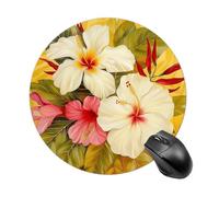 Tapis de souris rond blanc hibiscus avec base en caoutchouc antidérapant et imperméable, tapis de souris portable pour le bureau, le travail, la maison, l'ordinateur portable, accessoire personnalisé