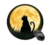 Tapis de souris rond en caoutchouc antidérapant de 19,8 cm, tapis de souris de jeu et de bureau, motif chat pleine lune assis dans l'herbe, contrôle fluide pour ordinateur portable, étanche et