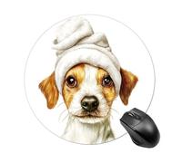 Tapis de souris rond étanche avec motif chien aquarelle avec serviette blanche sur la tête, tapis de souris pour ordinateur portable, bureau, 20 cm