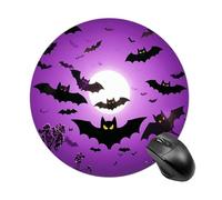 Tapis de souris rond Halloween avec chauve-souris violettes volantes - Tapis de souris de jeu extra dense portable et confortable pour bureau, maison, bureau - 20 x 20 cm
