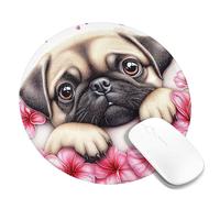 Tapis de souris rond motif carlin, joli chien brun clair avec fleurs de pêche, parfait pour la Saint-Valentin, le bureau, bord cousu, antidérapant, pour la maison et l'ordinateur, 20,3 x 20,3 cm