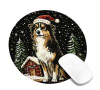 Tapis de souris sur le thème du chien d'hiver, fond noir avec flocons de neige et pins, décoration de Noël, tapis de souris de jeu en caoutchouc antidérapant pour la maison et le bureau, rond, 20,3 x