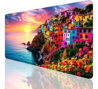 Tapis de Souris XXL Bord de Spiaggia,Petite Ville Tapis de Souris 900x400x3mm avec Base en Caoutchouc Antidérapante,Bords Cousus Mouse Pad Imperméable,Gaming Accessoire Bureau Decoration Cadeau,o-146