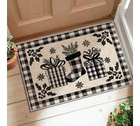 Tapis de stock, cadeaux traditionnels de Noël, houx, noir, tapis à poils ras avec bordure à bords bas, tapis rectangulaire pour salle de bain, entrée, chevet, buanderie, décoration de salle de bain