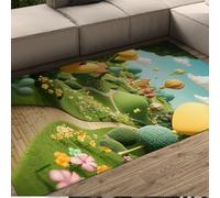 Tapis de Style Dessin animé Fantasy Village Montgolfière colorée et Fleurs Motif Doux Mince Tapis pour Vivre Chambre d’Enfant Chambre à Coucher 60 x 120 cm