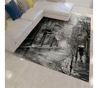 Tapis de Style Industriel Scène de Rue après la Pluie Tapis d’Accent Noir-Blanc-Gris Moquette Fine à Poil Bas pour Salon Chambre Entrée Salle à Manger Lavable 80x120cm