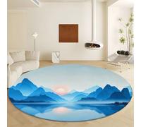 Tapis de Surface Ronde Iavable Bleu, Peinture Paysage Montagnes Lacs Tapis Poils Courts Antidérapant Diamètre 180 cm pour Salon Chambre à Coucher Cuisine Décoration Intérieure