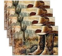 Tapis de Table Lot de 4 Bottes de Cowboy Sets de Table 45x30 Enfants Garçons Occidentaux Tapis de Table Cactus du Désert du Pays Wild West Retro Rustique Cabine Botanique Sets de Table Antidérapants