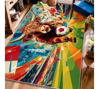 Tapis de taureau moderne et éclatant avec horizon de la ville - Rouge - À poils courts - Motif ballon de football - Ne perd pas ses poils - Pour salon, chambre à coucher, sous la table, salle à manger