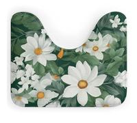 Tapis de toilette en forme de U à motif feuilles vertes et fleurs blanches - Tapis de bain ultra doux super absorbant avec dos antidérapant, séchage rapide, lavable pour base de toilette ovale