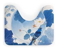 Tapis de toilette en forme de U de style chinois avec motif fleur et oiseau, ultra doux, super absorbant, avec dos antidérapant, séchage rapide, lavable, pour base de toilettes ovales, bleu et blanc