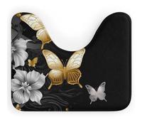 Tapis de toilette lavable en forme de U pour salle de bain, antidérapant, en microfibre douce et absorbante, motif papillons, noirs, doré, blanc, 50,8 x 40,6 cm