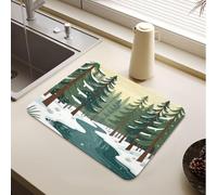 Tapis de vaisselle avec flocons de neige, paysage d'hiver, forêt de pins | Tapis pour égouttoir à vaisselle, facile à nettoyer, accessoires de cuisine