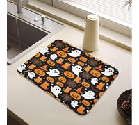 Tapis de vaisselle Halloween citrouilles fantômes sorcières bonbons maïs | Égouttoir à vaisselle avec tapis facile à nettoyer - Tapis de comptoir de cuisine