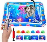 Tapis d'eau lumineux multicolore pour chat, tapis de refroidissement interactif pour chat avec 6 poissons flottants et capteur de lumière LED avec effets d'éclairage déclenchés par le mouvement.