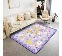 Tapis décoratif à motif de fleurs mignonnes de 1,5 x 1,8 m x 1,9 m, motif feuilles de dessin animé qui ne perd pas ses poils pour salon, chambre à coucher, aquarelle, violet et jaune, pour salle de
