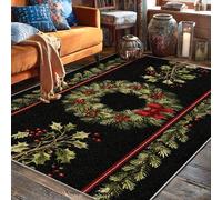 Tapis décoratif avec envers antidérapant et motif couronne de Noël - Motif baies de pin - Vert - Résistant à la décoloration - Pour salon, chambre à coucher, université, dortoir, cuisine - 1,5 x 2,1 m