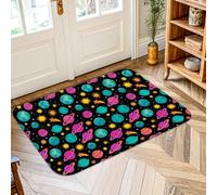 Tapis décoratif avec planètes, étoiles et soleils cosmiques espiègles et estivals, tapis en éponge douce, résistant aux taches, pour salle de bain, chevet, entrée, décoration de porte, noir, 0,6 x 0,9