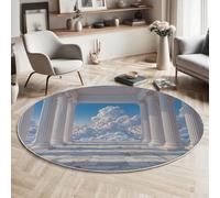 Tapis décoratif de Minimalisme 3D, Tapis Colonnade et Nuages, Tapis Rond Blanc et Bleu, tapi Rond antidérapant, avec Motif de Profondeur pour Vacances, entrée, Salon, Chambre à