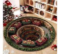 Tapis décoratif de Noël rond à illusion d'optique 3D antidérapant,D,120cm | Tapis de Noël, motif train de Noël et cadeaux, tapis de sol doux en polyester antidérapant pour salon, chambre, cuisine