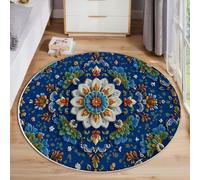 Tapis décoratif de Style bohème 3D, Tapis Mandala coloré, Tapis Rond Bleu, tapi Rond antidérapant, avec Motif de Profondeur pour Vacances, entrée, Salon, Chambre à