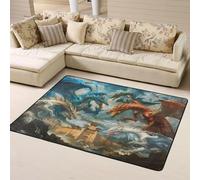 Tapis décoratif doux lavable pour salon, chambre à coucher, salon - Motif bataille de dragons rouges et bleus - 160 x 121 cm