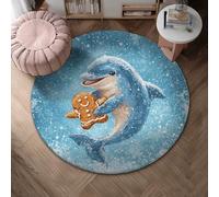 Tapis décoratif motif dauphin, bonhomme en pain d'épices ludique, flocons de neige, Noël, bleu, antidérapant, tapis rond pour salle de bain, buanderie, cuisine, entrée, 1,2 x 1,2 m