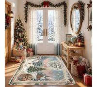 Tapis décoratif sur le thème du livre d'histoires de Noël, 0,9 x 1,5 | Paysage forestier d'hiver, motifs d'animaux de la forêt, thème saisonnier fantaisie, surface rembourrée douce
