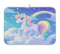 Tapis d'égouttoir à vaisselle pour comptoir de cuisine, motif nuage blanc, arc-en-ciel, licorne, tapis de séchage absorbant en microfibre réutilisable, lavable, taille M, 101,6 x 114,3 cm