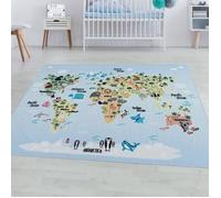 SIMPEX Tapis Enfant Bleu 140x200 cm Carte du Monde avec Animaux Design Moderne Antidérapant Lavable Doux Antiallergique Chambre