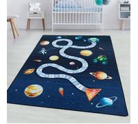 SIMPEX Tapis Enfant Bleu Marine 100x150 cm Espace Design Moderne Antidérapant Lavable Facile Entretien Doux Antiallergique Chambre