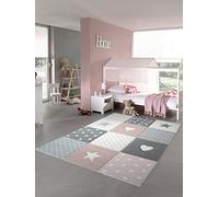 Tapis d'enfant Tapis de jeu Chambre d'enfant Tapis de bébé Coeur d'étoile en rose blanc gris Größe 80x150 cm