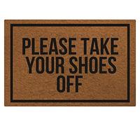 Tapis d'entrée avec inscription « Please Take Your Shoes Off » - Tapis d'entrée pour extérieur et intérieur - Paillasson lavable - Absorbeur de saleté et de poussière - Marron - 60 x 40 cm