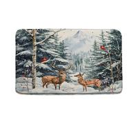 Tapis D'Entrée Cerf d'hiver, Oiseau Rouge Sauvage, Élan, Wapiti, Scène De Neige, Pin, Sapin, Noël, Faune, Chasse Tapis Entree Antisalissure Absorbant Paillasson Décoratif D'Extérieur 40X60Cm