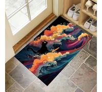 Tapis D'Entrée Chat Vagues Antidérapant Lavable - Style D'Illustration Fantastique Paillasson Absorbant Couleurs Mélangées Soft Comfortable pour Intérieur, Chambre, Cuisine, Couloir (50 X 80 Cm)