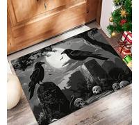 Tapis D'Entrée Corbeau La Terreur Antidérapant Lavable - Crâne Tombal Paillasson Absorbant Gris Soft Comfortable pour Intérieur, Chambre, Cuisine, Couloir (40 X 60 Cm)