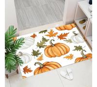 Tapis d'entrée d'Halloween avec Plantes peintes à la main Citrouille Feuille d'érable | Paillasson d'extérieur pour porte, maison, porche, cuisine, balcon, sol intérieur et extérieur Couleur orange