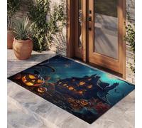 Tapis d'entrée d'Halloween avec Style conte de fées sombre Citrouille de maison hantée | Paillasson d'extérieur pour porte, maison, porche, cuisine, balcon, sol intérieur et extérieur Bleu foncé