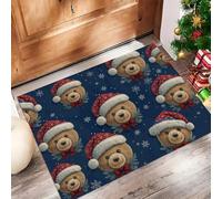 Tapis d'entrée d'intérieur, Bonnet De Père Noël Ours Peluche Lavable Bleu marine de 40x60cm avec dos Antidérapant, Imprimé Noël Flocon De Neige, Paillasson fin Doux pour Cuisine, Entrée, Chambre