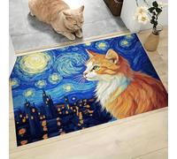 Tapis D'Entrée D'Intérieur, Tapis Douce Lavable Antidérapant Chat Abstrait Étoilé Bleu Foncé 80X120Cm, Imprimé Peinture L'Huile Animalière, Paillasson Fin Absorbant Pour Cuisine Entrée Chambre