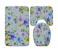 Tapis D'entrée Fleur Colorée Jaune Tapis de Bain Antiderapant Chambre Couloir Salon Toilette 3 Pcs Polyester Paillasson Absorbant Forme de U Tapis Rug Antiderapant Bath Mat Lavable 45x75cm