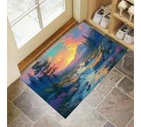 Tapis d'Entrée Intérieur, Forêts Montagne Ruisseaux Tapis de Porte Antidérapant Style Contes Fées Japonais Paillasson Super Absorbant pour Entrée, Salle de Bain et Couloir, 60 x 120 cm, Vert Émeraude