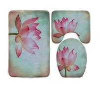 Tapis D'entrée Lotus Vert Rose Tapis de Bain Antiderapant Chambre Couloir Salon Toilette 3 Pcs Polyester Paillasson Absorbant Forme de U Tapis Rug Antiderapant Bath Mat Lavable 45x75cm