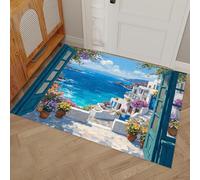 Tapis D'entrée Paysage Marin De L'Île De Santorin Paillasson Intérieur 60 x 90 cm, Tapis De Couloir Paysages Méditerranéens Antidérapant Résistant Et Lavable Pour Porte, Cuisine, Salon, Et Balcon