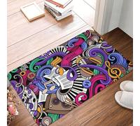 Tapis d'entrée résistant et doux, motif instruments de musique dessinés à la main : microphone, batterie, clavier, Stradivarius. Convient pour l'intérieur et l'extérieur. Semelle en caoutchouc. Dimens