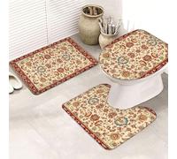 Tapis D'entrée Rétro Rouge Beige Tapis de Bain Antiderapant Chambre Couloir Salon Toilette 3 Pcs Polyester Paillasson Absorbant Forme de U Tapis Rug Antiderapant Entree Lavable 45x75cm