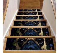 Tapis d'escalier antidérapant pour marches en bois, motif chien carlin et fleurs, 76,2 x 20,3 cm, tapis d'escalier pour enfants et chiens